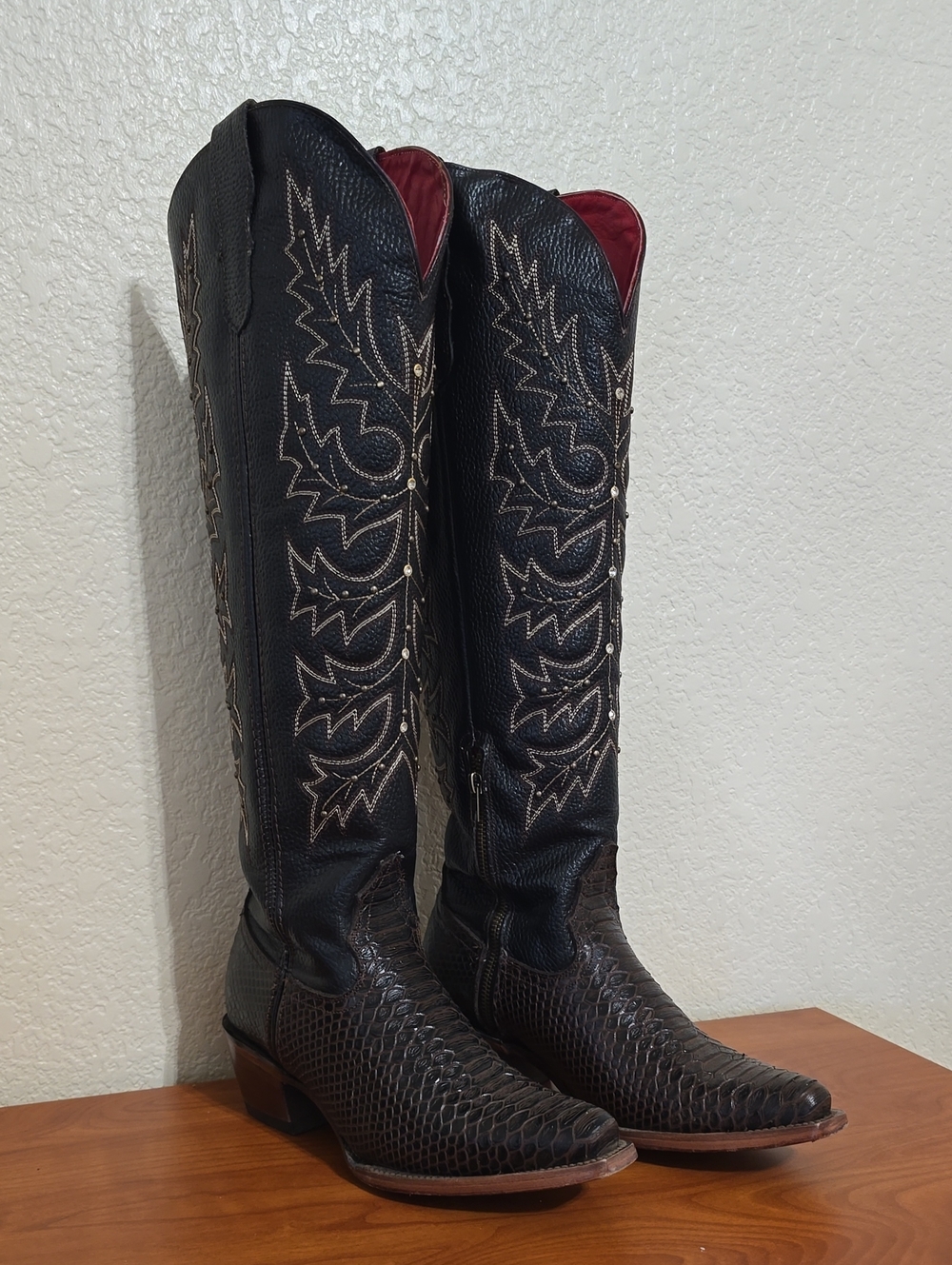 Black Embroidered Exotic Leather Knee-High Women's Boots